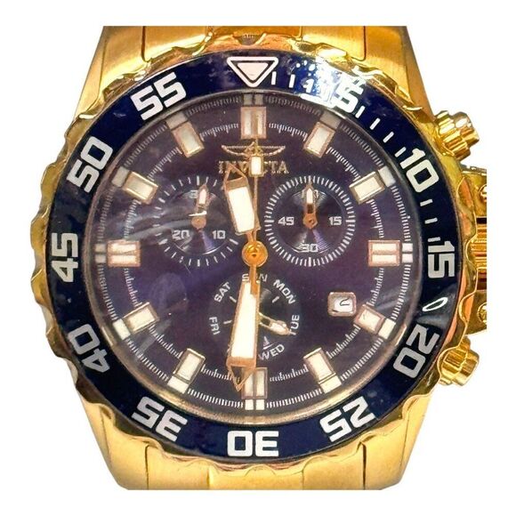 Invicta Pro Diver Men Chronograph Watch Gold Stainless Steel Blue Dial 100M 0073 - Picture 3 of 8